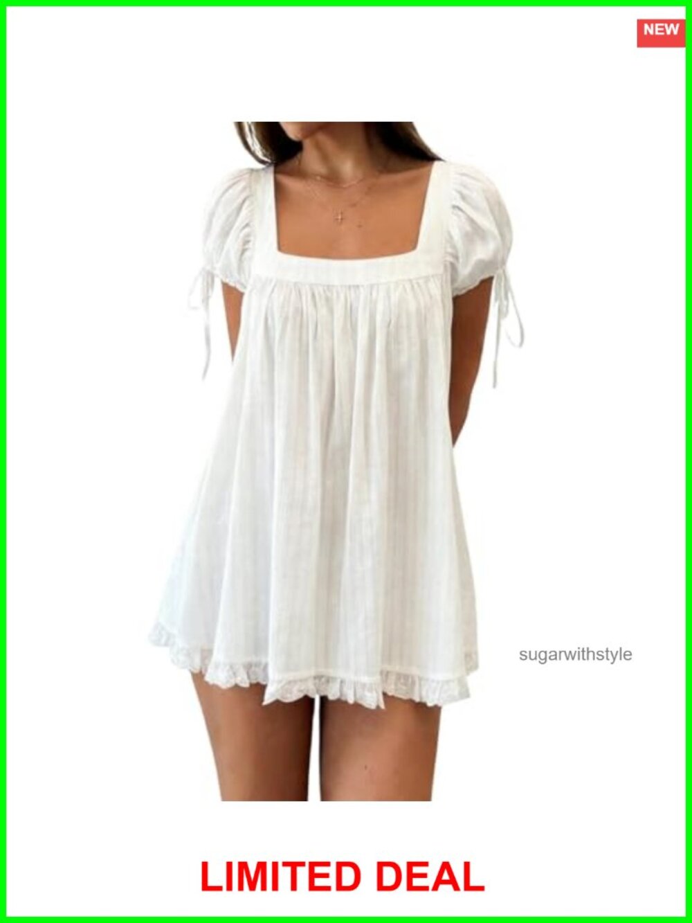 Square Neck Babydoll Mini Dress Puff Sleeve Ruffle Bow Tie Sundress